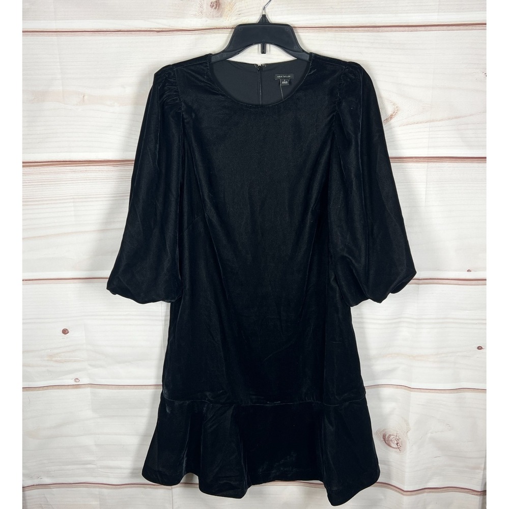 Ann Taylor Dress Womens Size 6 Black Velvet Puff Sleeve Flounce Hem Crew Neck
